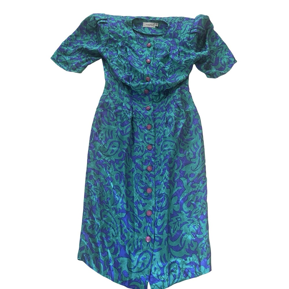 VTG Adrianna Papell Size 8 100% Silk Dress Career‎ Blue Teal Floral Abstract